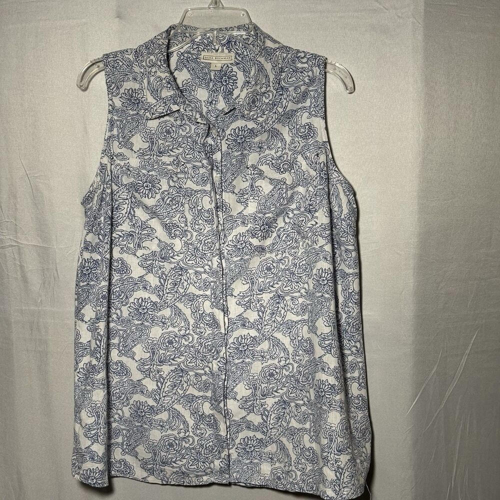 Dana Buchman Sleeveless Linen Button Blouse Women's L Blue White Floral Paisley